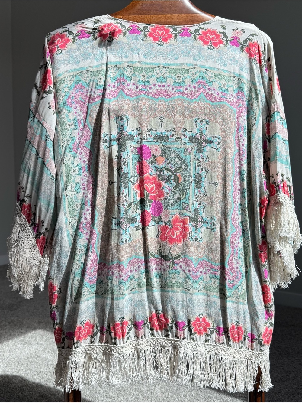 Zara Trafaluc Boho Floral Fringe Kimono Open Front Festival Cardigan M Cover Up